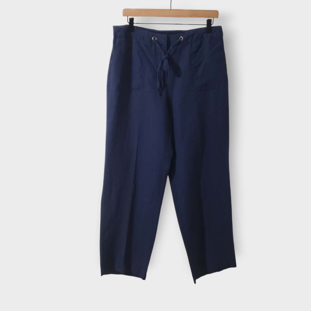 Charter Club Luxury 100% Linen Pants Navy Blue Drawstring Wide Leg Womens Large